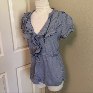 H&M navy blue striped ruffle neck blouse 10